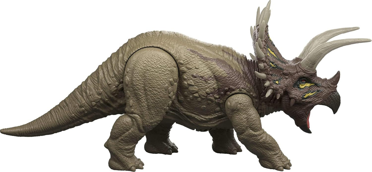 Mattel Jurassic World Wild Roar Triceratops - Figura de acción de dinosaurio, sonidos de rugido, ataque y luces, código de escaneo para juego digital