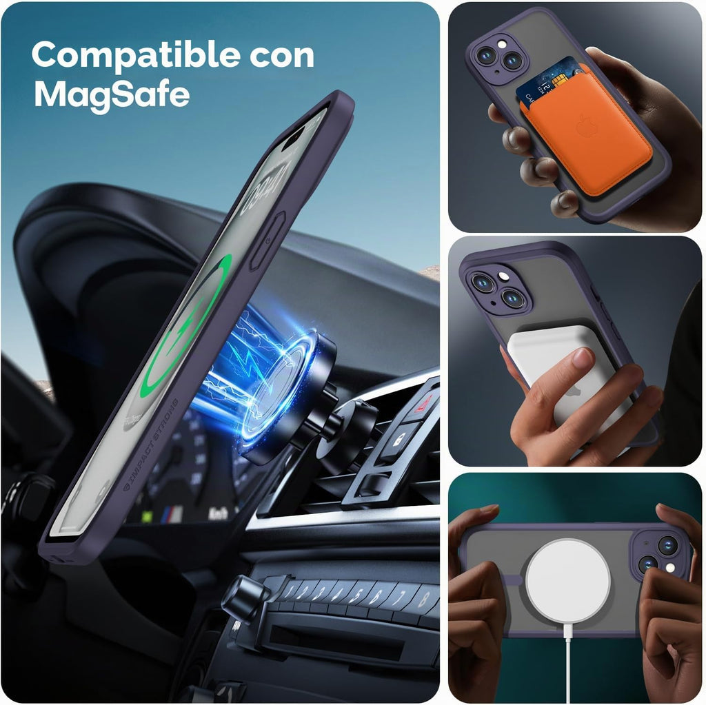 ImpactStrong Protector magnético diseñado para iPhone 15 [protección de cámara] [prueba de caídas de grado militar] [compatible con MagSafe] Funda delgada translúcida mate (6.1 pulgadas), color morado oscuro