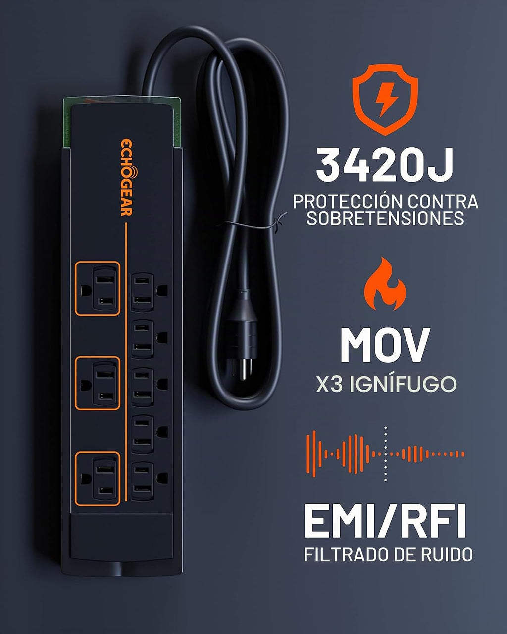ECHOGEAR ShockBlocker Regleta de Protección contra Sobretensiones de 8 Tomas - Diseño Delgado Puede Alimentar y Proteger Toda tu Configuración de TV, Oficina o Juegos - Supresor de Sobretensiones