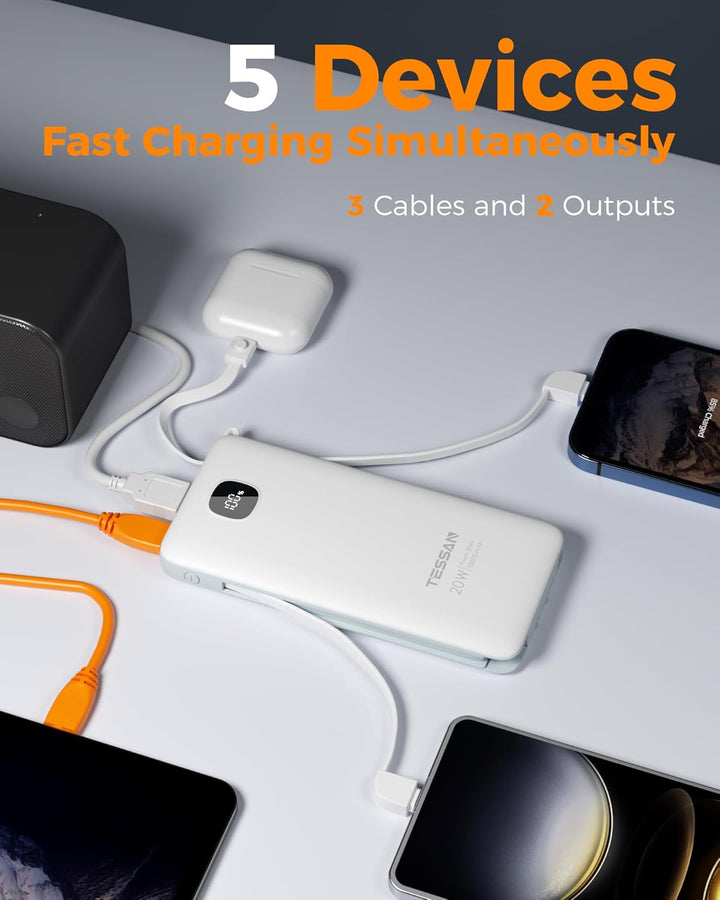 Cargador portátil con cables integrados, cargador de batería TESSAN...