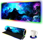 Alfombrilla de mouse RGB para juegos grande, extendida LED, tamaño XXL, 35.4 x 15.7 pulgadas, 14 modos de iluminación, 2 brillo, base de goma antideslizante, alfombrilla de teclado impermeable, nebulosa de fantasía