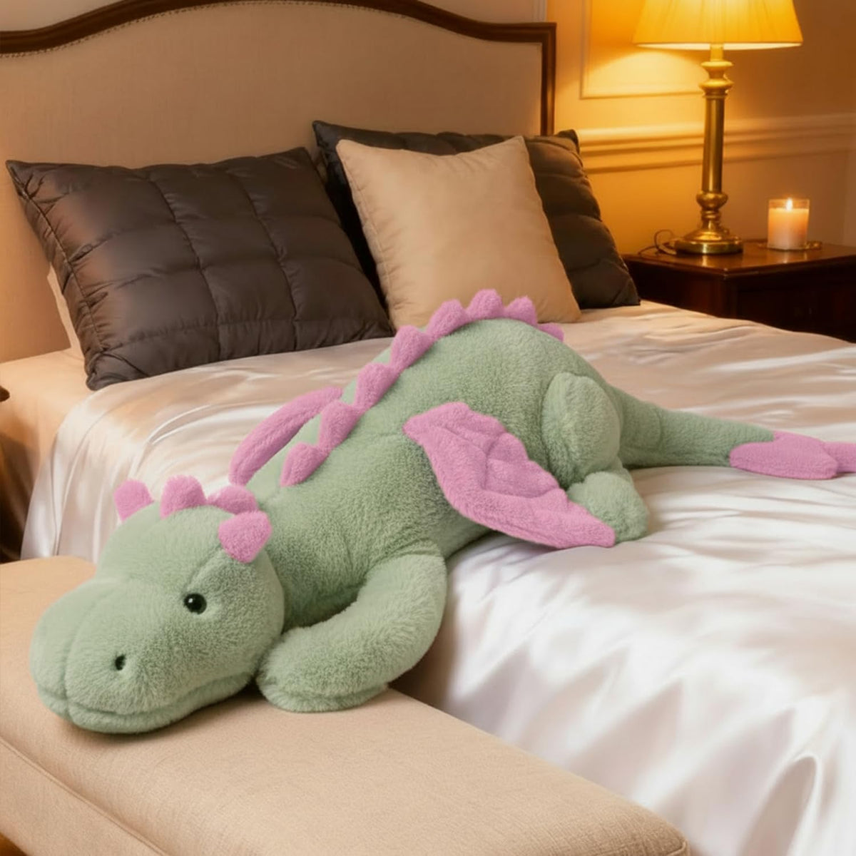 ARELUX - Lindo dragón grande de 50 pulgadas, suave peluche de pterosaurio verde matcha, almohada gigante de dinosaurio mullido con alas rosadas para amigos, miembros de la familia