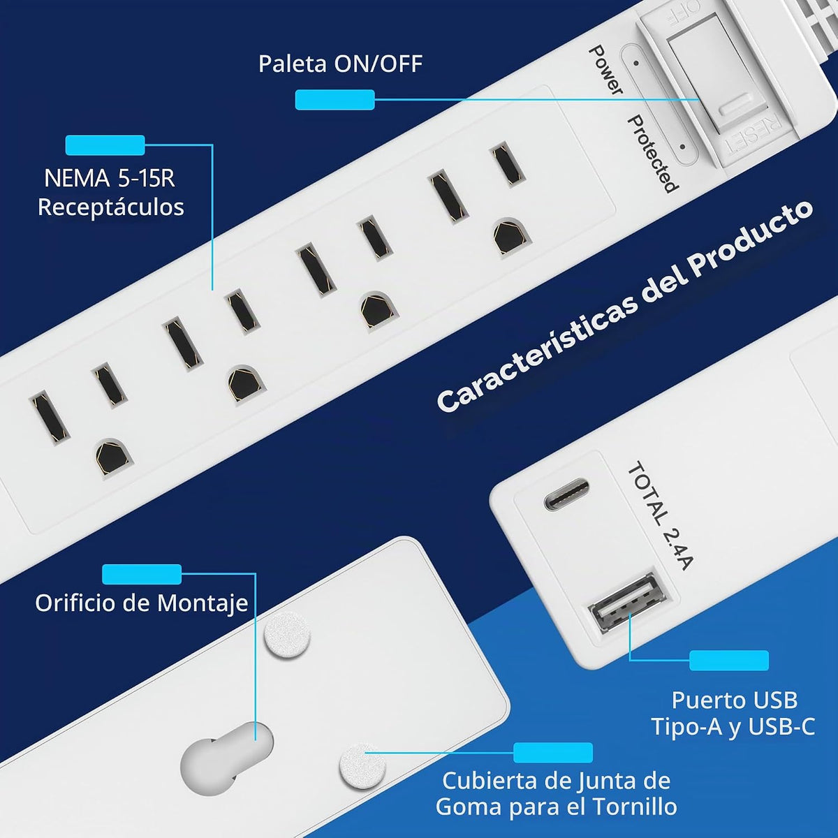 LIDER Extensor de salida protegido contra sobretensiones, 1 USB-A y 1 USB-C