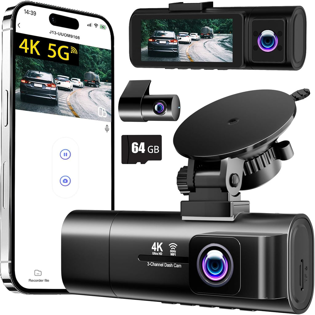 Cámara de tablero 4K delantera y trasera en el interior, 3.16 pulgadas IPS, cámara de tablero de 3 canales para automóvil con WiFi 5G, tarjeta gratuita de 64 GB, gran angular de 170°, grabación en bucle, sensor G, WDR, visión nocturna, lapso de tiempo