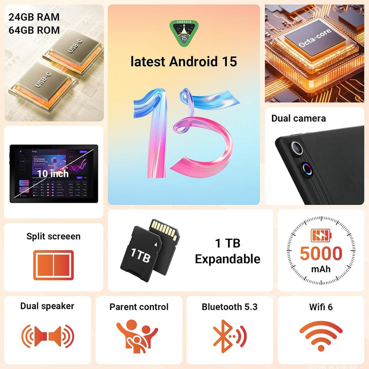 Hakaug Tablet Android de 10 pulgadas, procesador Octa-Core, 24 GB d...