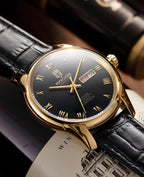 ROCOSJEWE Reloj de vestir masculino automático de cuerda automática - Caja de acero inoxidable dorado, números romanos, correa de cuero marrón, indicación de día y fecha, tapa esqueletada, reloj de pulsera de lujo para negocios, uso casual y diario