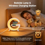 Lámpara Lámpara de mesa LED inteligente 5 en 1 con cargador inalámbrico, altavoz Bluetooth, reloj despertador, luz nocturna, estación de carga para dormitorio, mesita de noche, escritorio