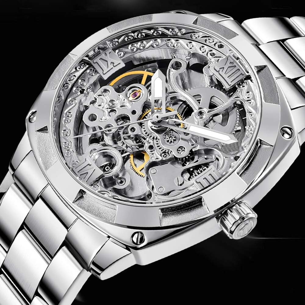 Tiong Reloj mecánico para hombre, de acero inoxidable, automático, con esqueleto, impermeable, para el día del padre, regalo