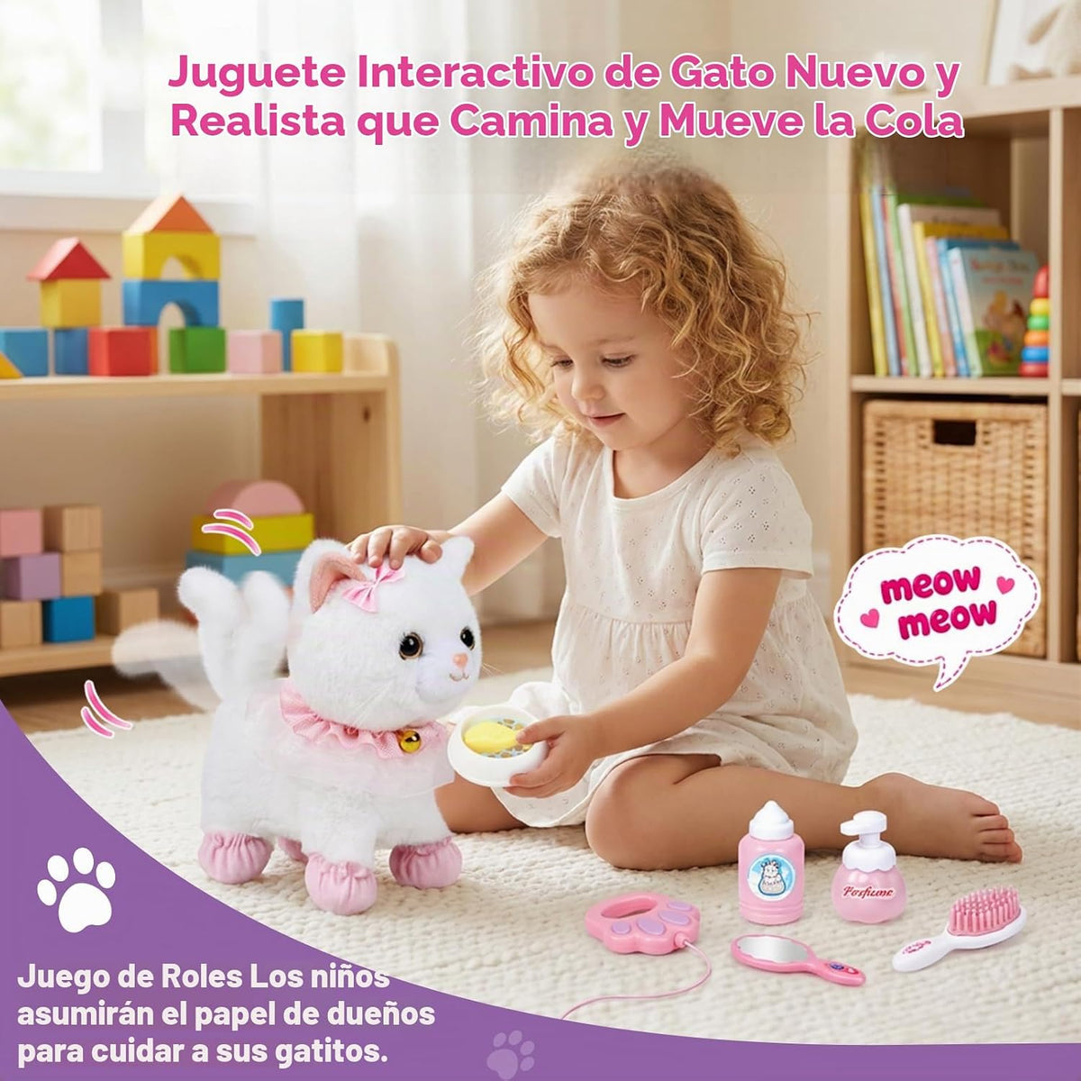 Juguete felino interactivo de peluche electrónico que camina y ladra, gato robot con control remoto para niñas (Gato blanco)