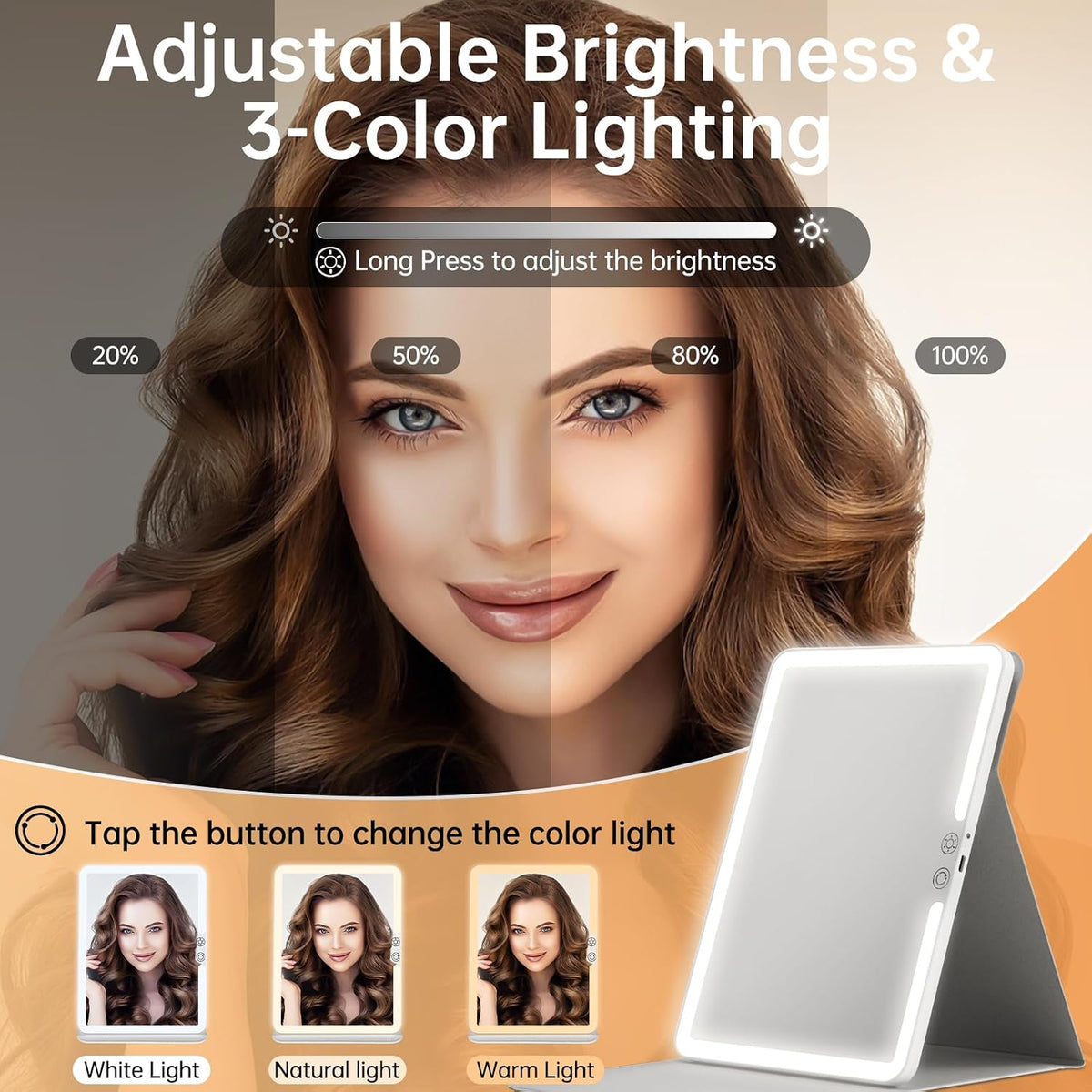 FUNTOUCH 2500mAh Espejo de maquillaje de viaje recargable grande con luz