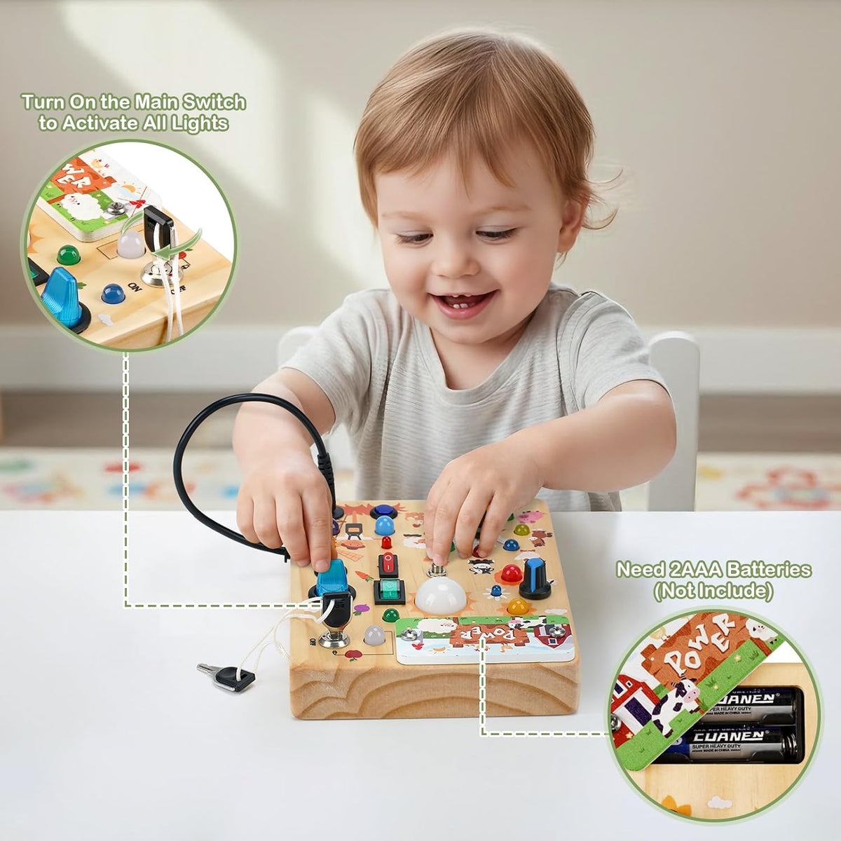 Sanlebi Tablero LED ocupado para niños pequeños de 1 a 3 años, juguete Montessori con interruptor de llave, tablero sensorial de actividad de madera iluminado para habilidades motoras finas, juguete educativo de viaje, regalo para niños y niñas de 1, 2, 3