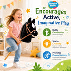 Nature Bound Caballo de palo | Caballo en un palo con efectos de sonido – Poni de peluche hecho a mano para niños pequeños y niños | Mango de madera resistente cosido a mano | Juguete de caballo de juego de simulación (negro)