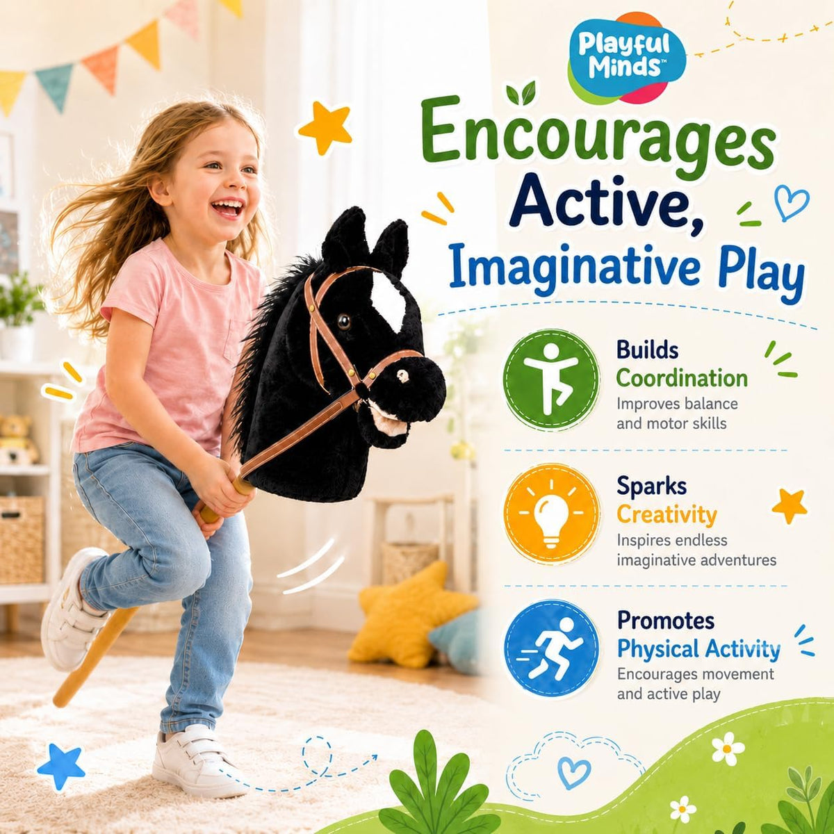 Nature Bound Caballo de palo | Caballo en un palo con efectos de sonido – Poni de peluche hecho a mano para niños pequeños y niños | Mango de madera resistente cosido a mano | Juguete de caballo de juego de simulación (negro)