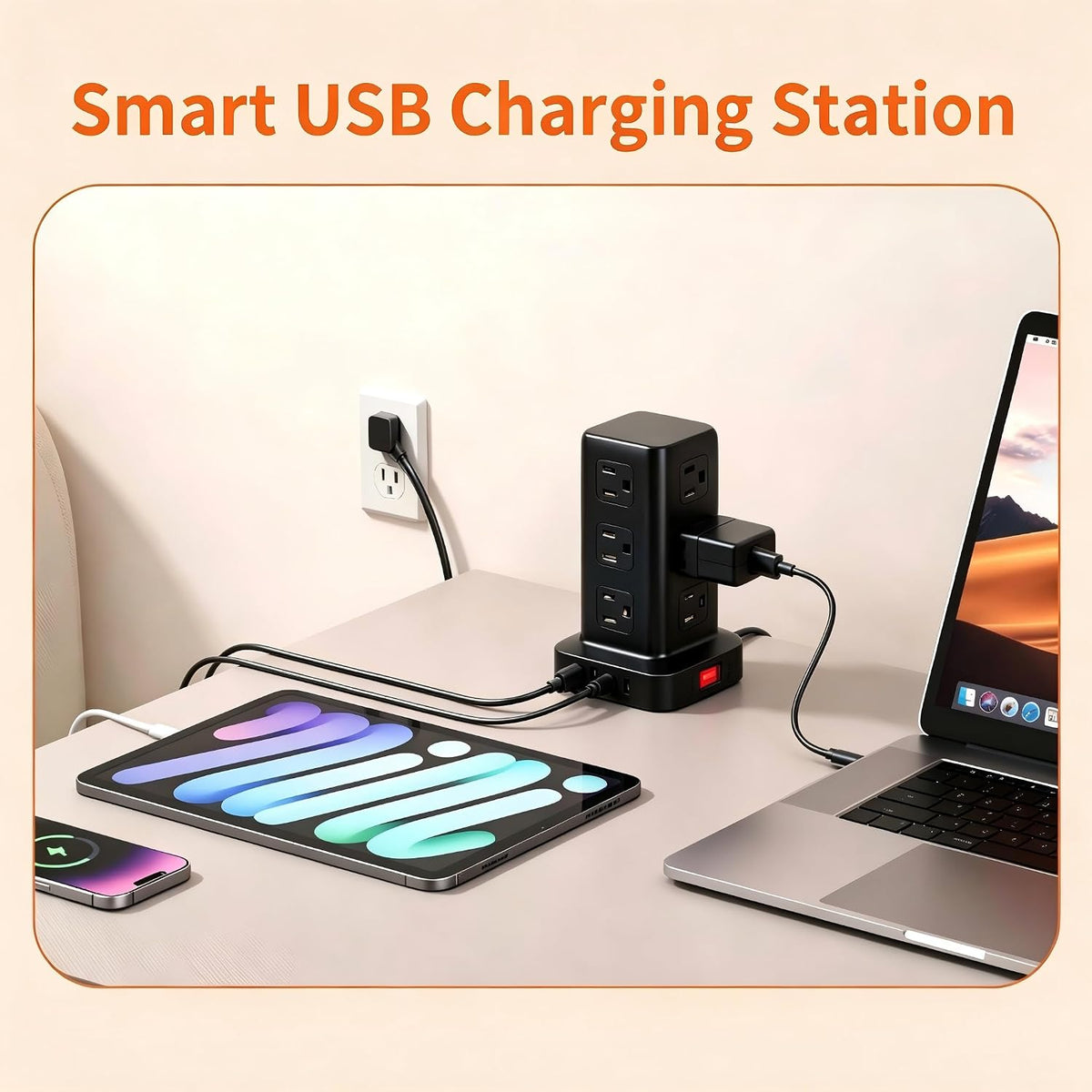 SMALLRT - Cable de extensión con múltiples tomas, torre de regleta de alimentación de enchufe plano con USB 12 salidas de CA, extensor de salida de cable de extensión ultrafino de 6.5 pies para