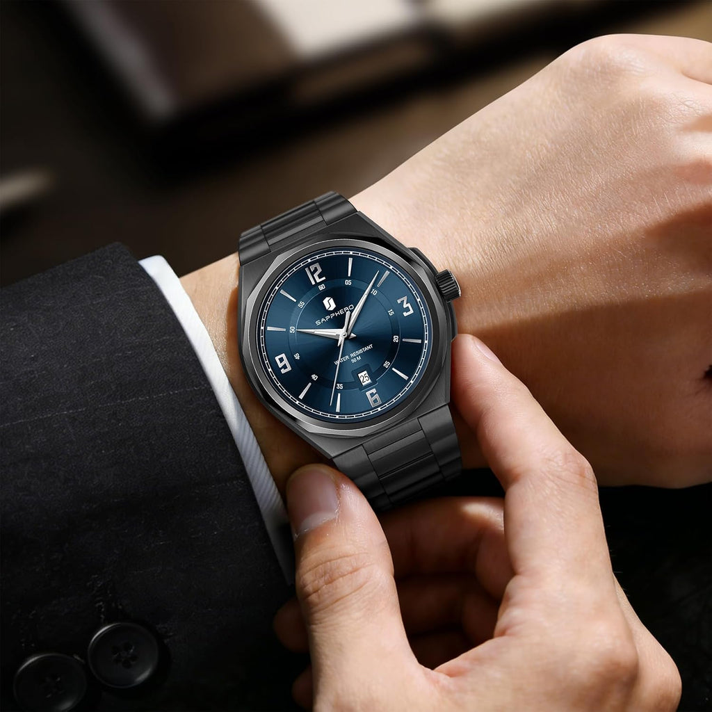 SAPPHERO Reloj para hombre con subesfera de fecha/esfera de números arábigos, cuarzo analógico, correa de acero inoxidable/piel, 164 ft impermeable, reloj de pulsera de vestir casual para trabajo de