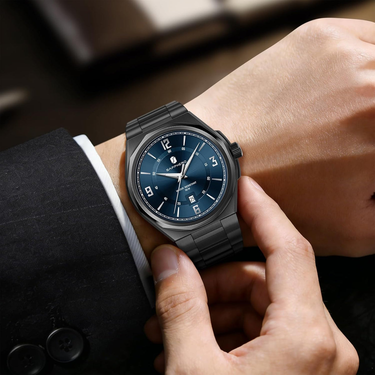 SAPPHERO Reloj para hombre con subesfera de fecha/esfera de números arábigos, cuarzo analógico, correa de acero inoxidable/piel, 164 ft impermeable, reloj de pulsera de vestir casual para trabajo de