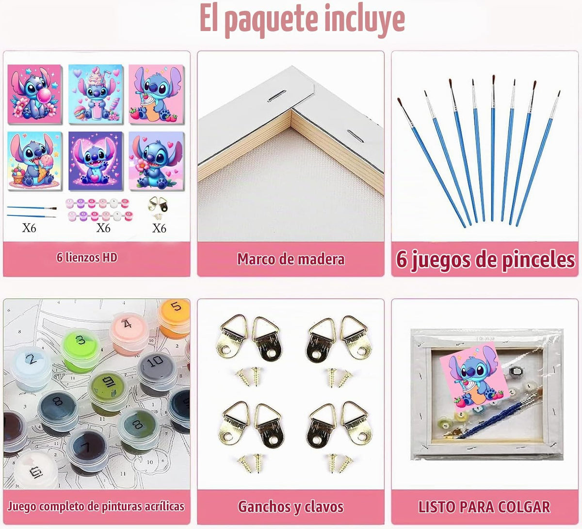 CraftyTime Pack de 6 Kits de Pintura por Números de Dibujos Animados para Niños con Lienzo con Marco, Pintura por Números para Niños de 4-8-12 años, Kits de Pintura Acrílica y al Aceite Fáciles para