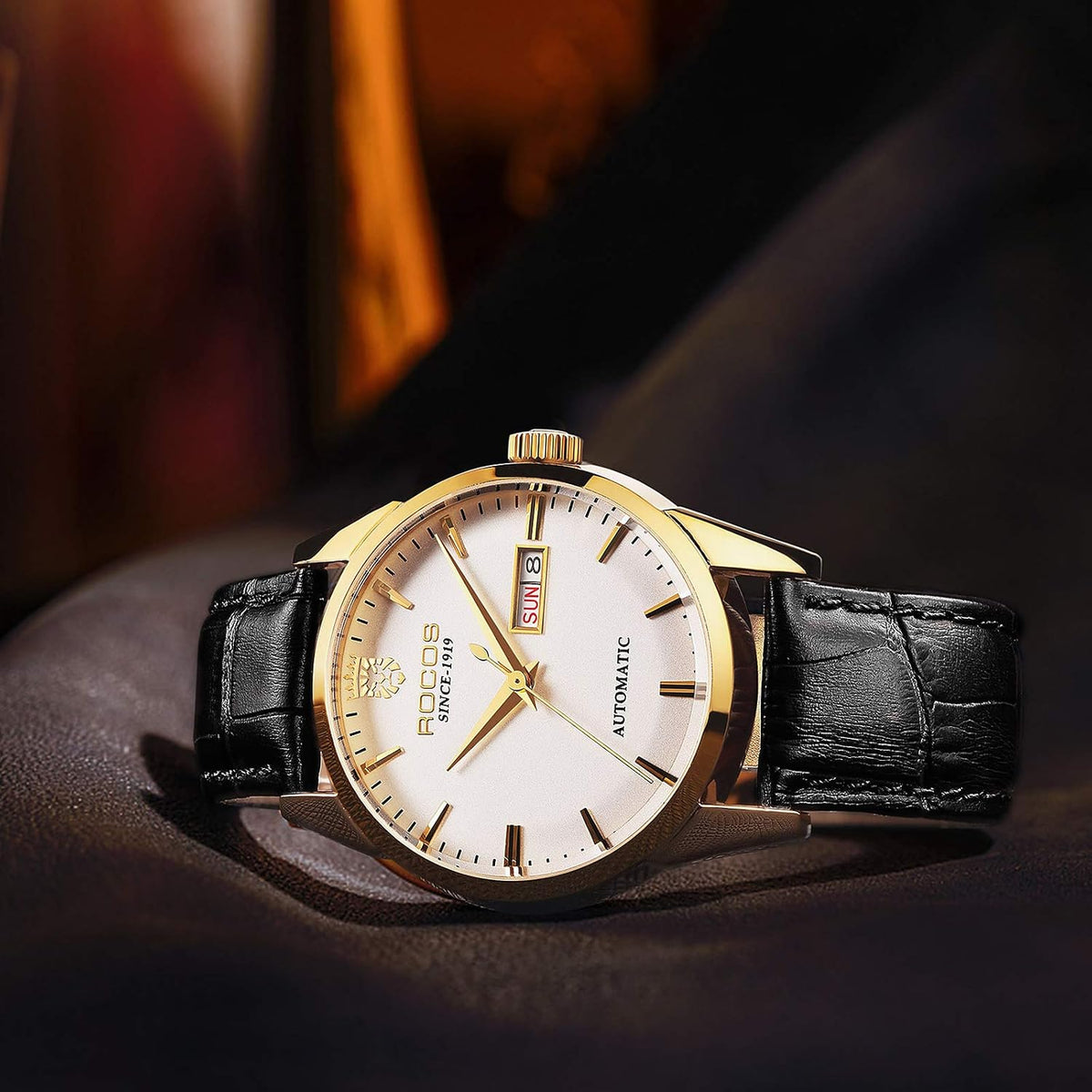 ROCOSJEWE R0101 Reloj Automático Mecánico para Hombre de Lujo Dorado Reloj Clásico Retro Correa de Cuero Marrón Impermeable Regalo para Hombre Moda Negocios
