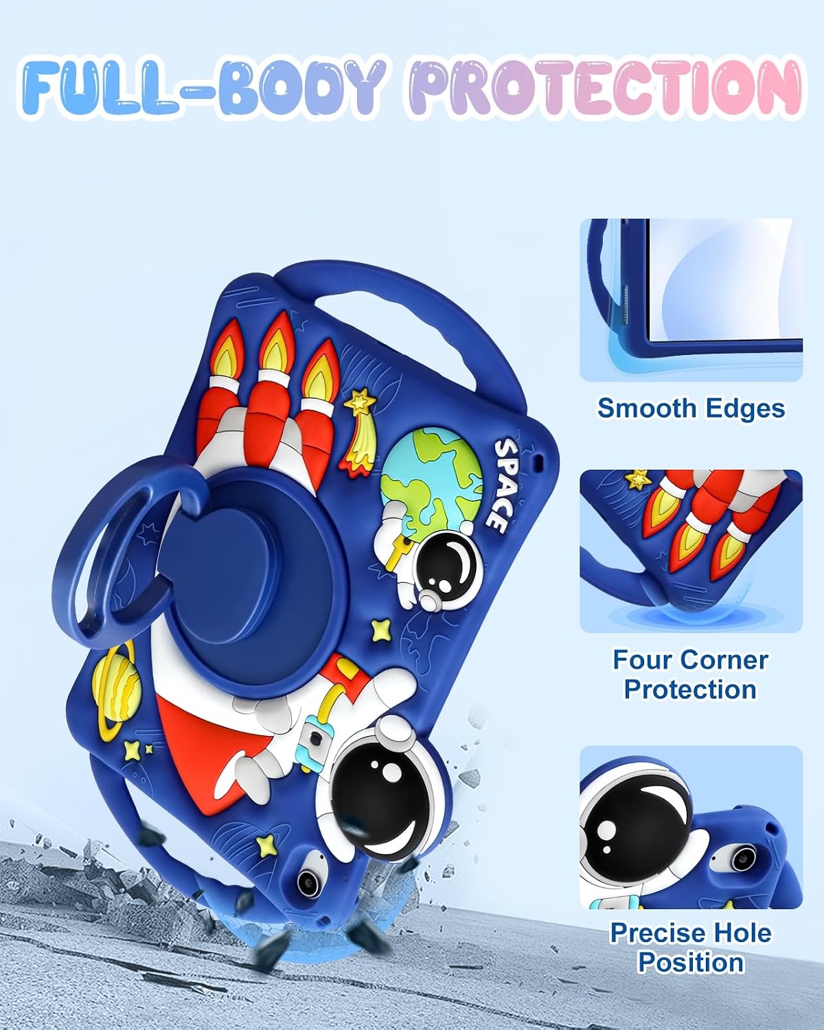 Boaretiu - Funda para iPad A16/10ª generación, diseño de astronauta de dibujos animados con correa y soporte giratorio y asa para niños, niñas, adolescentes, silicona 3D para iPad A16 de 11ª