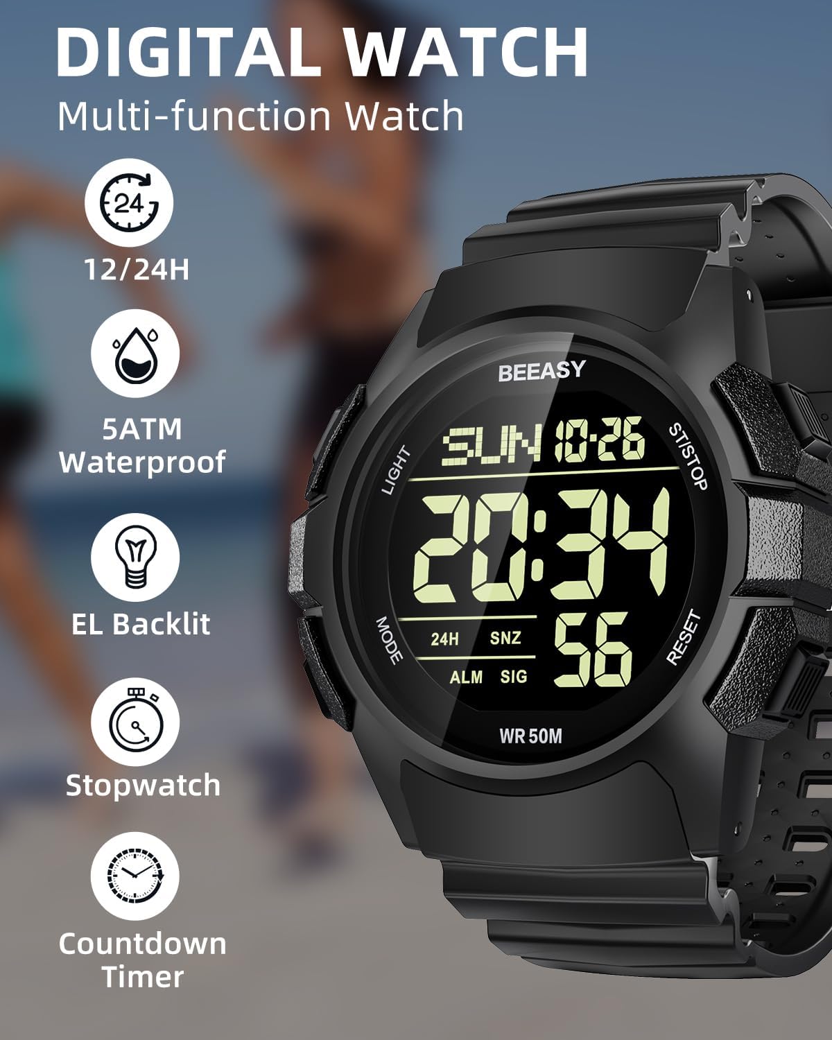 Beeasy Reloj deportivo digital para hombre, 164 ft, resistente al agua, correa de goma de 1.73 pulgadas, cronómetro, temporizador de cuenta regresiva, alarma y doble hora, ideal para deportes
