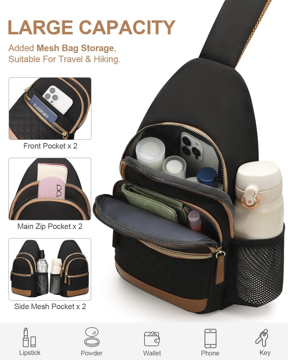 Bolso bandolera para mujeres y hombres, bolsos cruzados impermeables para mujeres, riñonera con correa de hombro convertible para viajes, Negro, Grande