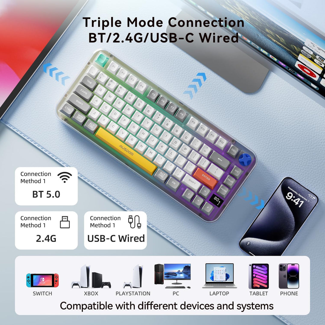 AUSDOM K75pro Teclado cremoso inalámbrico para juegos, teclado de c...
