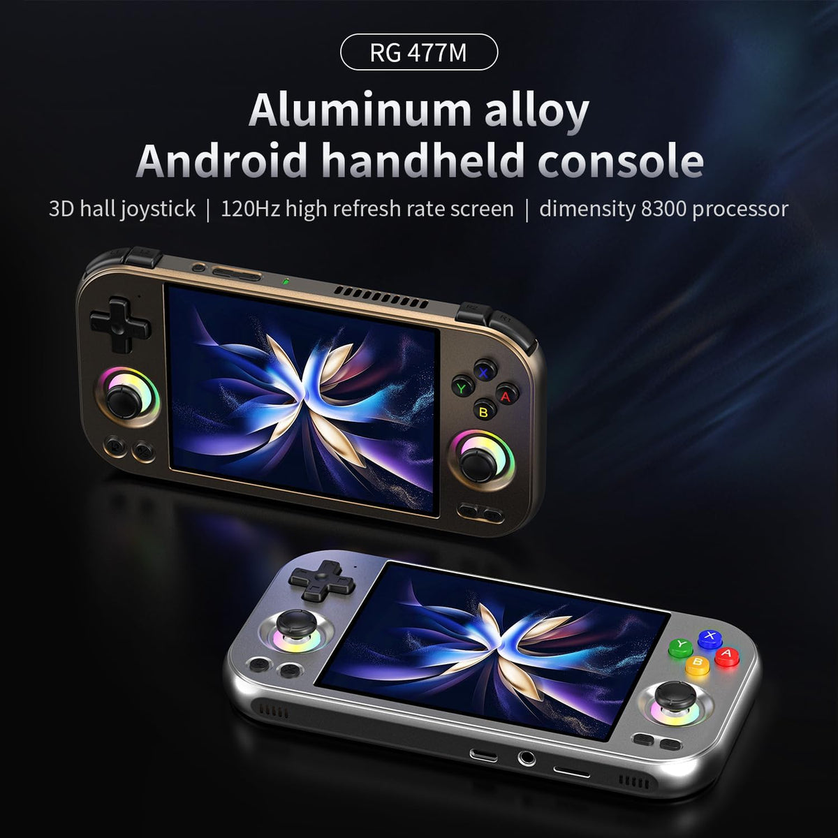 RG477M - Consola de juegos de mano retro, aleación de aluminio CNC Dimensity 8300 Android14, consola de juegos táctil de 4.7 pulgadas, WiFi/Bluetooth Hall Joystick RGB Light 5300mAh
