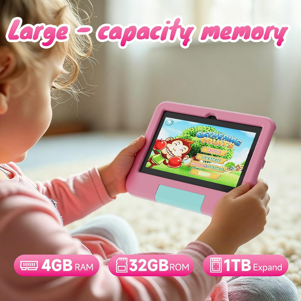 Tablet Android de 7 pulgadas con estuche, 4GB RAM 32GB ROM 1TB expandible, con funda de EVA rosa
