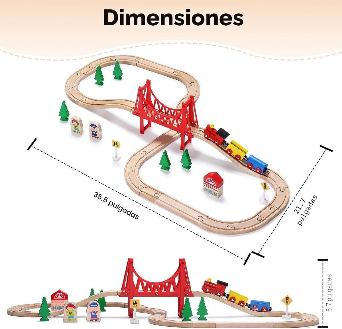 SainSmart Jr. Juego de Tren de Madera para Niños Pequeños - Vías de Madera de Doble Cara Compatible con Brio, Thomas, Melissa y Doug - Expandible, Cambiable - Tren de Juguete de Madera para Niños de 3