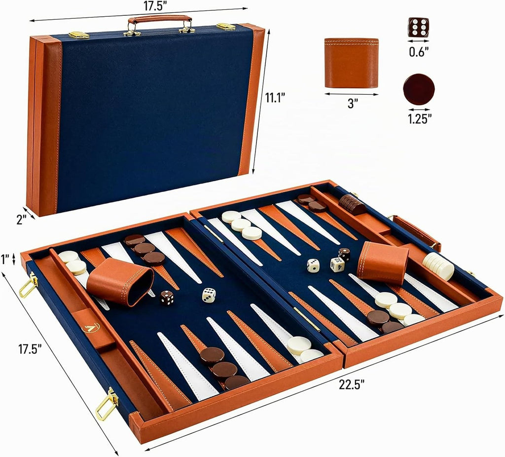 Juegos de backgammon premium para adultos, juegos de mesa de backgammon grandes de 17.5 pulgadas, juego de backgammon portátil de cuero sintético para viajes, regalos clásicos de juego de estrategia