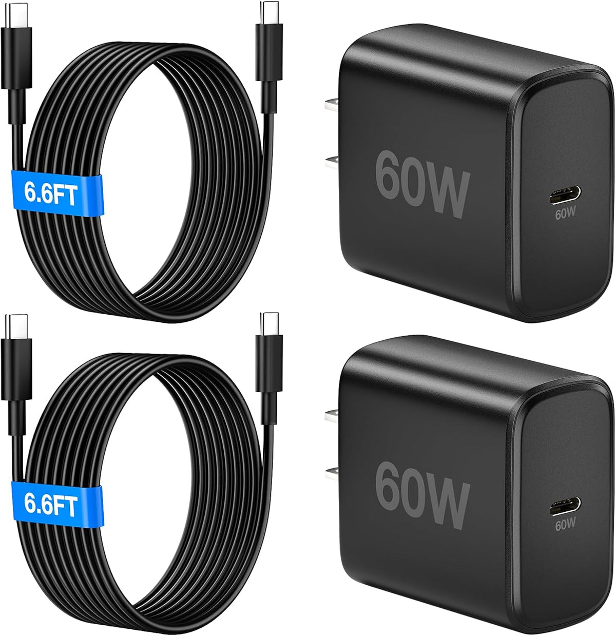 Cargador USB C de 60 W, cargador súper rápido de 60 vatios tipo C con 2