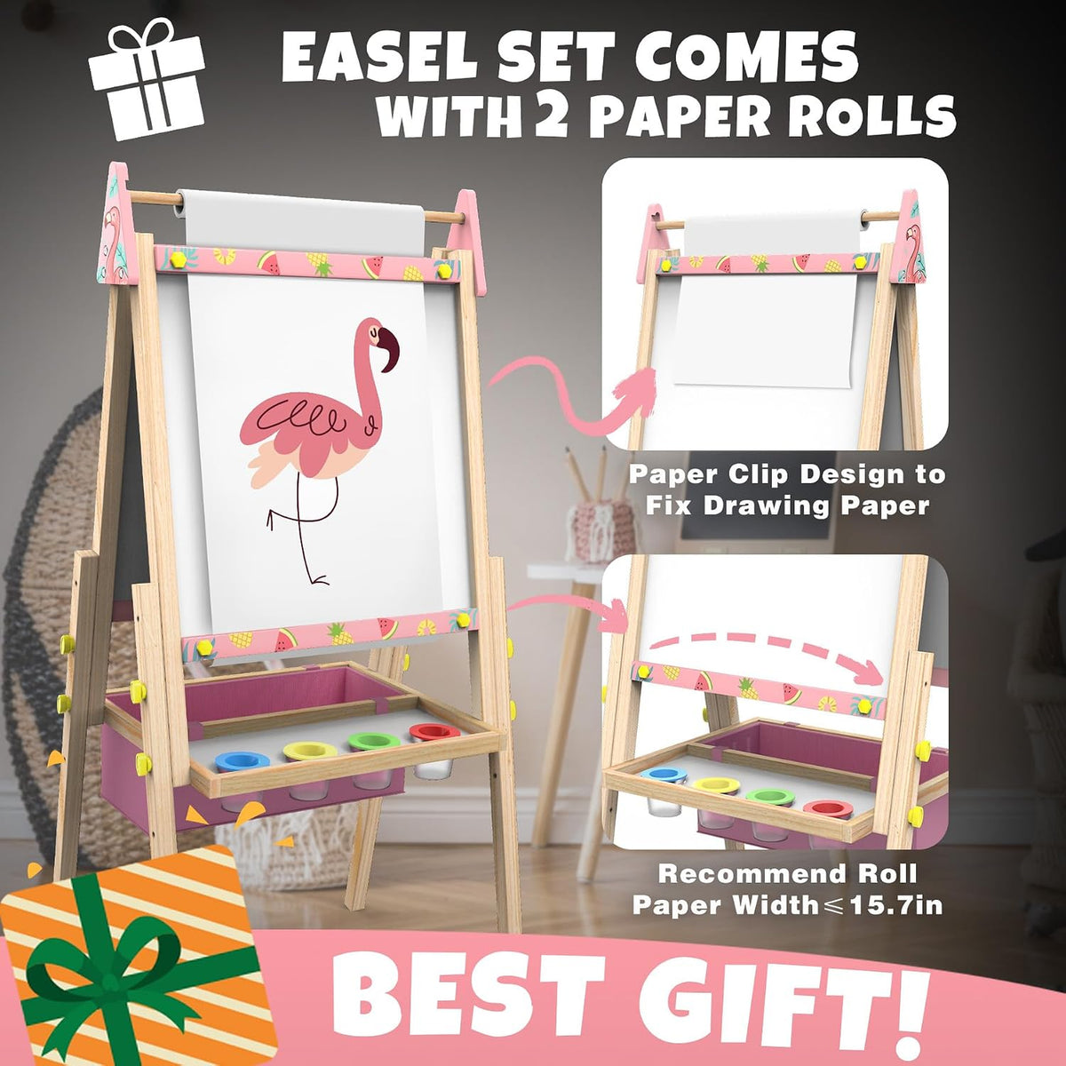 Joyooss Caballete de Arte para Niños Caballete para Niños Pequeños, Caballetes de Madera Ajustables de Pie para Niños Pizarra Blanca y Pizarra de Tiza para Niños Tablero de Borrado en Seco para Niños