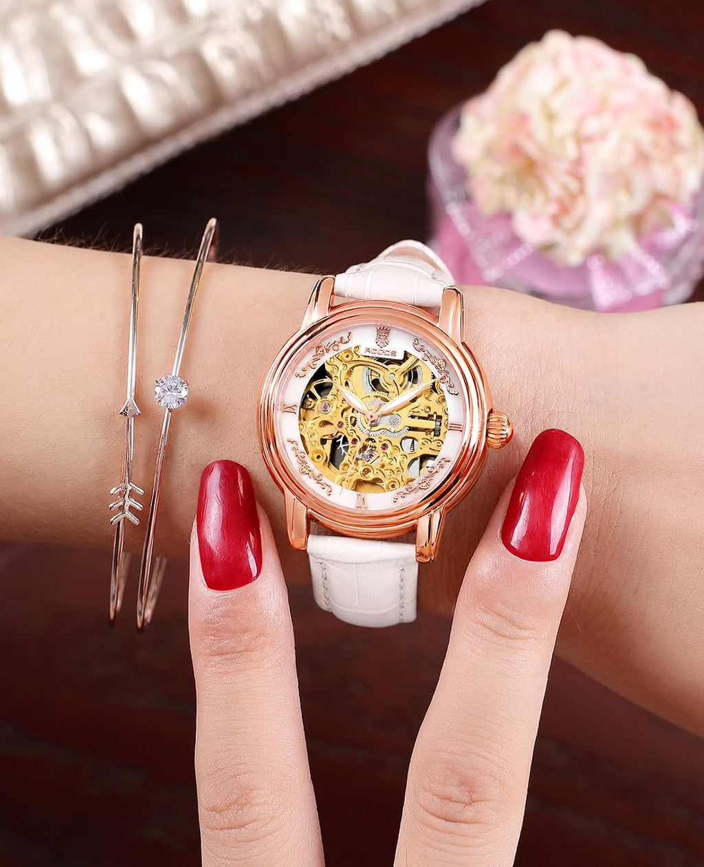 ROCOSJEWE Reloj de pulsera automático mecánico de lujo para mujer, esfera esqueletizada en oro rosado, manecillas luminiscentes, correa de cuero roja, reloj de vestir de moda para mujer, reloj esqueletizado autofaciente resistente al agua, regalo para