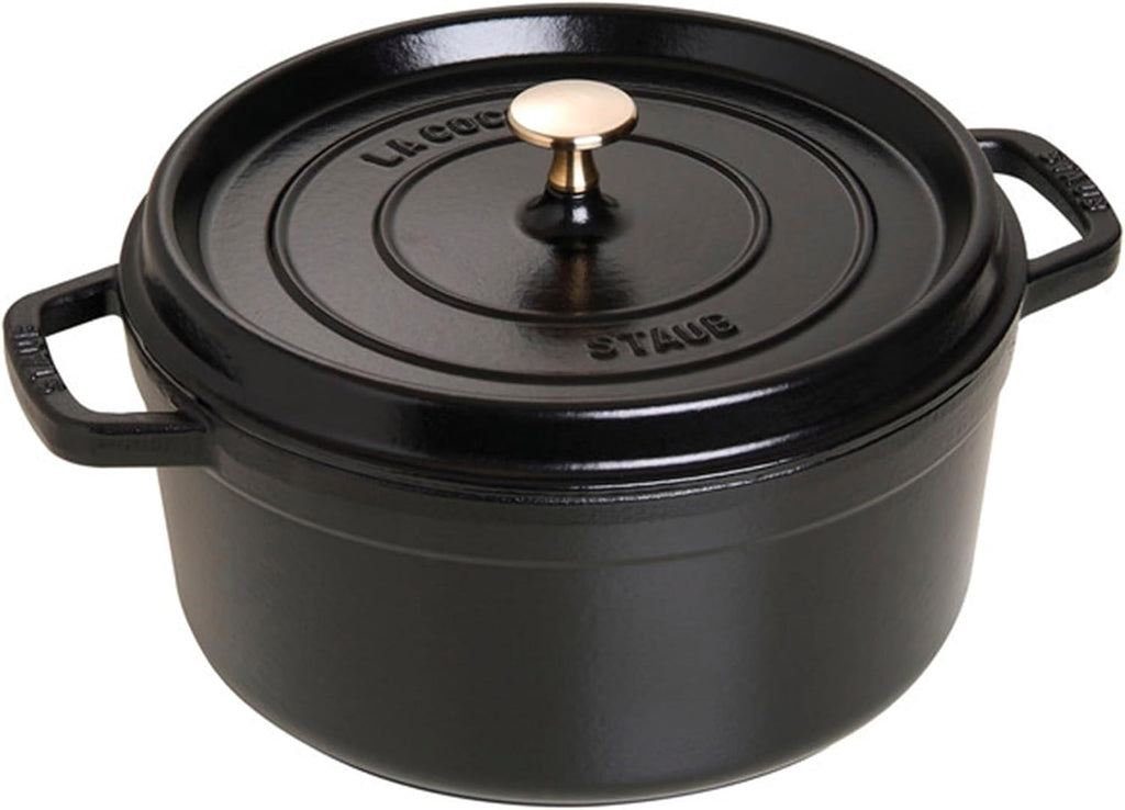 STAUB - Horno holandés de hierro fundido de 5.5 cuartos de galón, redondo, fabricado en Francia, sirve 5-6, negro mate