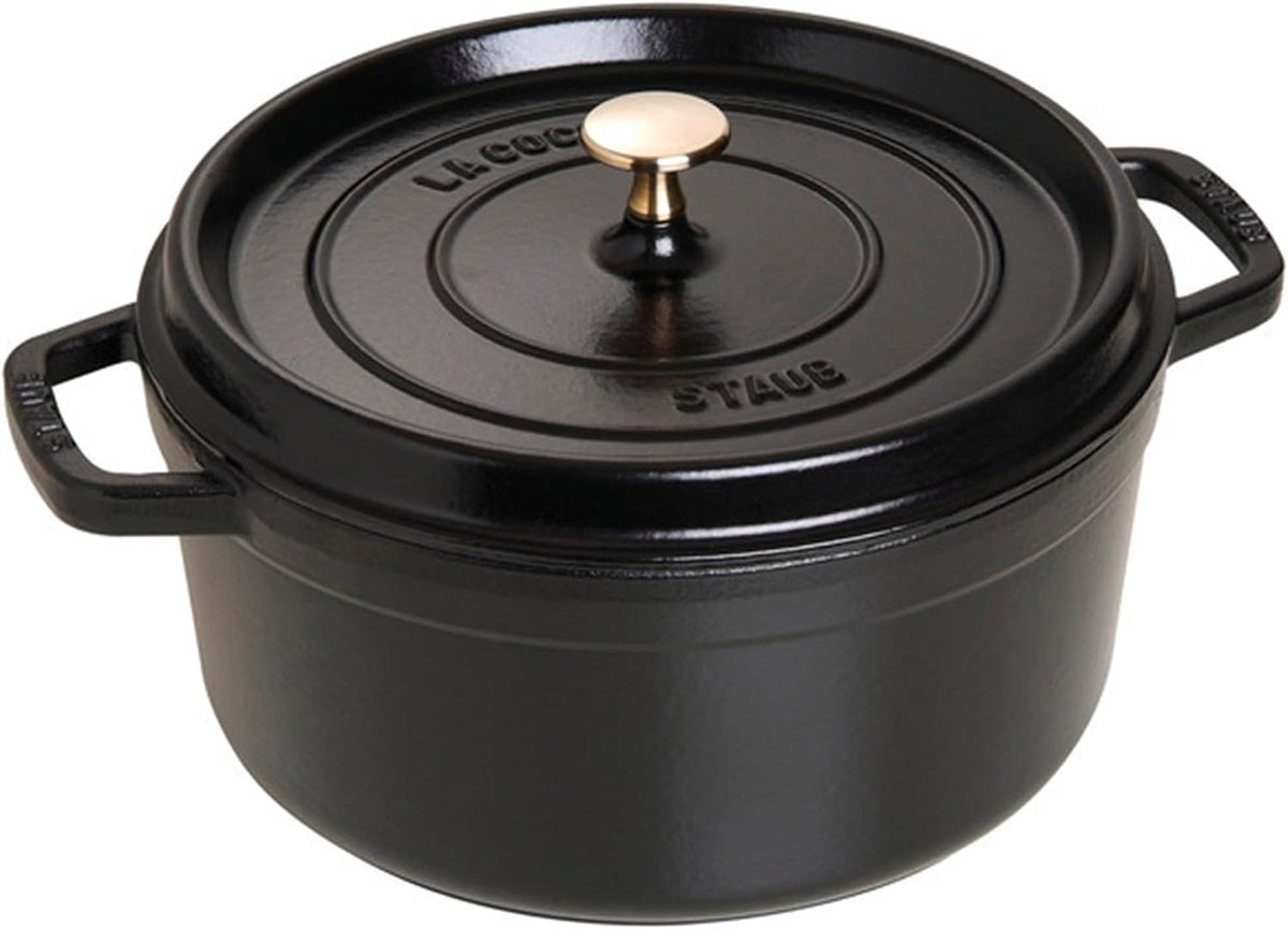STAUB - Horno holandés de hierro fundido de 5.5 cuartos de galón, redondo, fabricado en Francia, sirve 5-6, negro mate