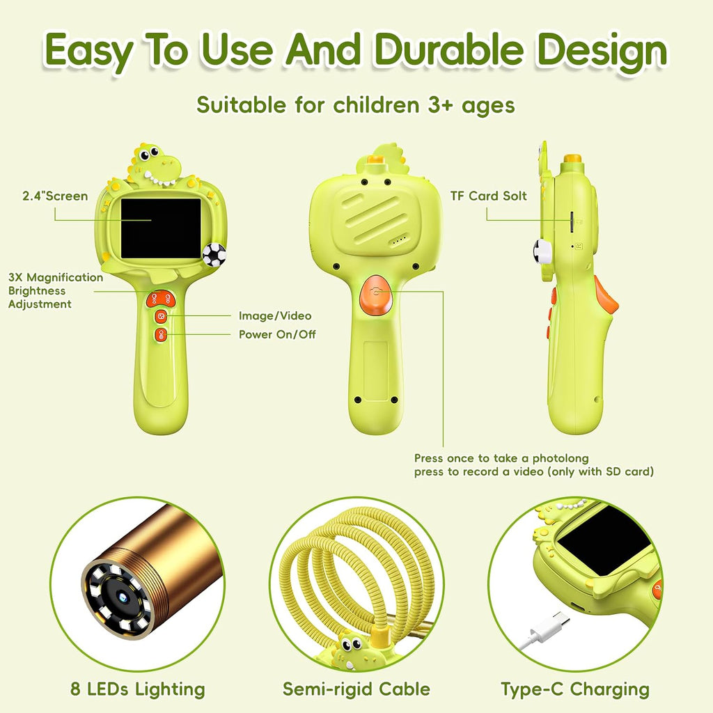 Cámara Boroscopio con Luz para Niños, 2.4" IPS, Dinosaurio Verde