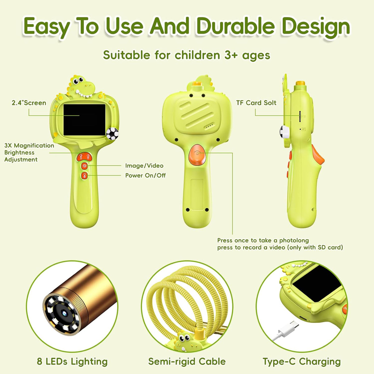 Cámara Boroscopio con Luz para Niños, 2.4" IPS, Dinosaurio Verde
