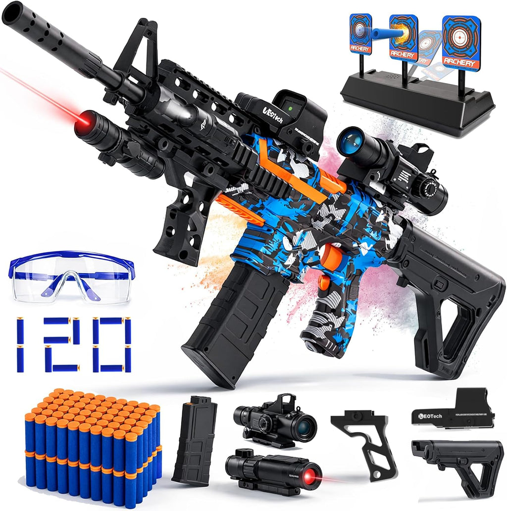 Pistola de juguete automática de espuma de francotirador con alcance, pistola de juguete eléctrica con 120 dardos para pistolas, IR, linterna, GDS, gafas, tecnología de bombas de aire, juego de