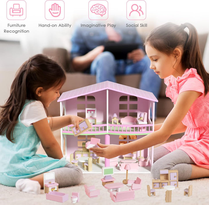 WOODMAM Juego de muebles de madera para casa de muñecas, 22 piezas,...