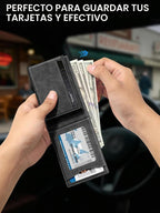 Billetera para hombre con bloqueo RFID minimalista para 12-14 tarjetas | Cartera inteligente delgada y plegable con ventana para identificación y ranura para efectivo, bolsillo frontal, estuche