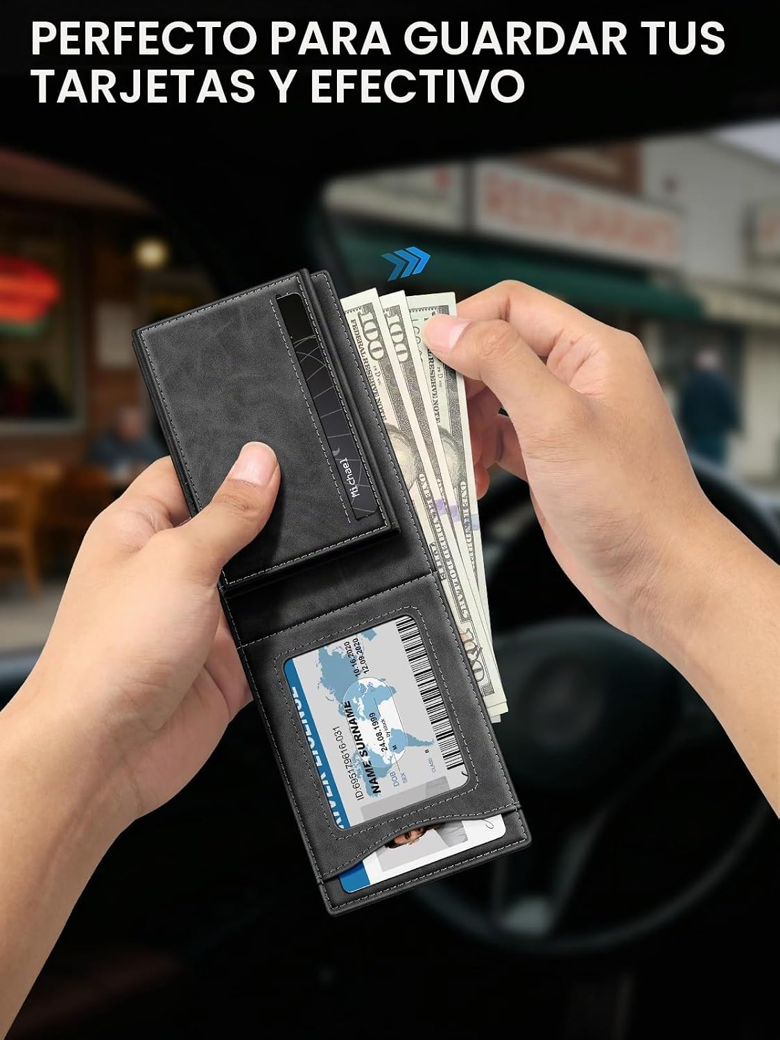 Billetera para hombre con bloqueo RFID minimalista para 12-14 tarjetas | Cartera inteligente delgada y plegable con ventana para identificación y ranura para efectivo, bolsillo frontal, estuche