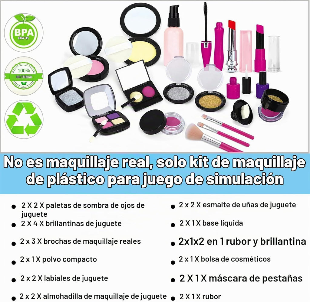 TEPSMIGO - Kit de maquillaje de simulación para niñas, juego de maquillaje de simulación para niños, con bolsa de cosméticos para cumpleaños, Navidad, juego de maquillaje de juguete para niñas pequeñas a partir de 3 años (no maquillaje real)