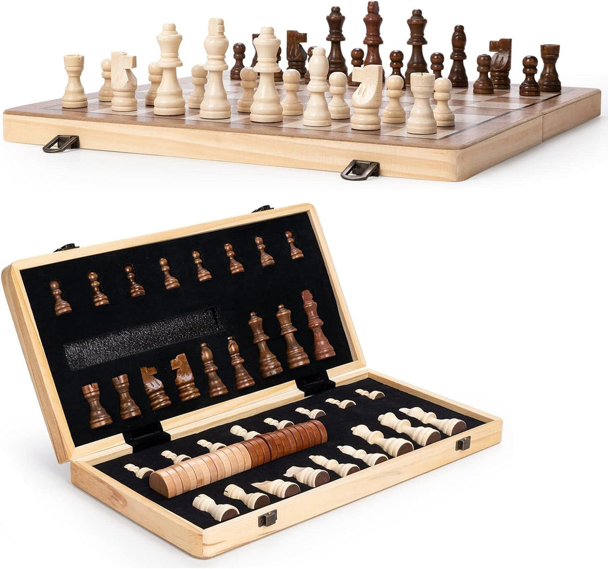 Juego de ajedrez de madera de 15", tablero de ajedrez y damas plegable magnético 2 en 1