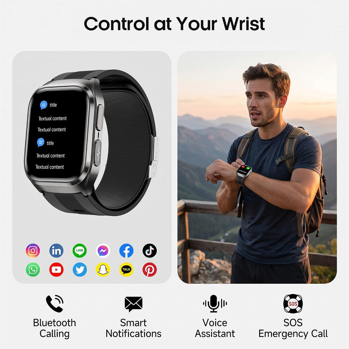 Smart Watch para Hombres y Mujeres con Puño con Airbag, Monitor de Frecuencia Cardíaca 24/7, Presión Arterial, Seguimiento del Sueño, Oxígeno en la Sangre, Pantalla AMOLED de 2.06" (Answer/Make), Batería de 530mAh, Rastreador de Fitness
