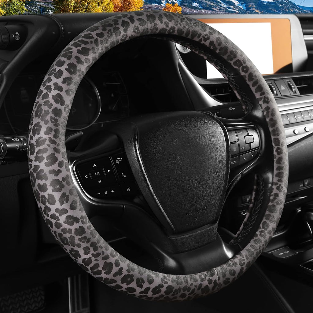 Funda para volante con anillo interior de silicona, no tóxica, sin olor, con patrón que no se decolora, universal de 14.5 a 15 pulgadas (estampado de leopardo gris)