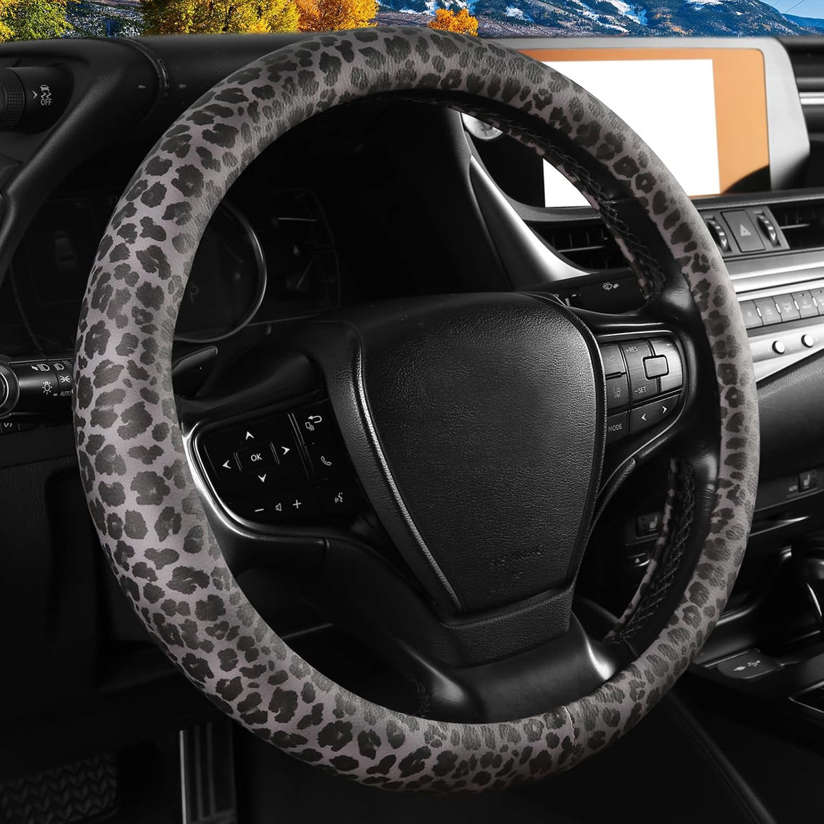 Funda para volante con anillo interior de silicona, no tóxica, sin olor, con patrón que no se decolora, universal de 14.5 a 15 pulgadas (estampado de leopardo gris)