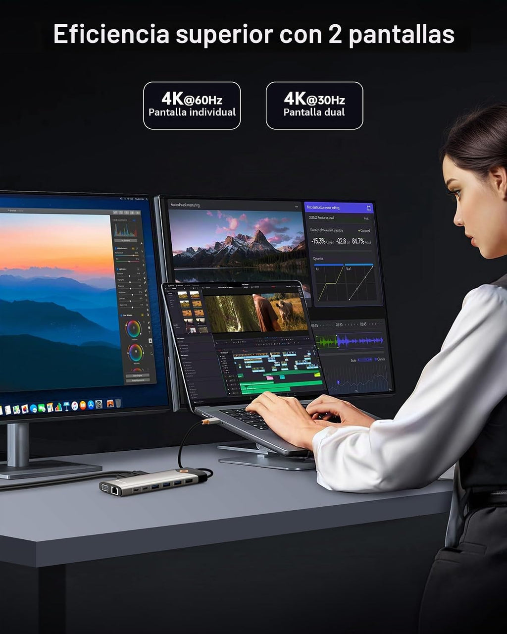 NOVOO Estación de acoplamiento USB C con monitor doble, estación de acoplamiento para laptop 15 en 1, 3 monitores con 2 puertos HDMI, VGA, USB C/A, 100 W PD, RJ45, SD/TF y audio, adaptador multipuerto