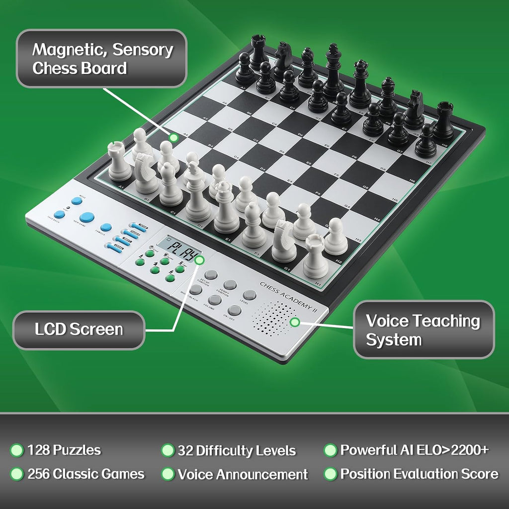 Tablero de ajedrez electrónico avanzado, juego de ajedrez inteligente para computadora, aprendizaje de entrenador de voz AI para niños, ELO 2200+ para mejorar jugadores, piezas grandes magnéticas y tablero perfecto para adultos, pantalla LCD (plateado)