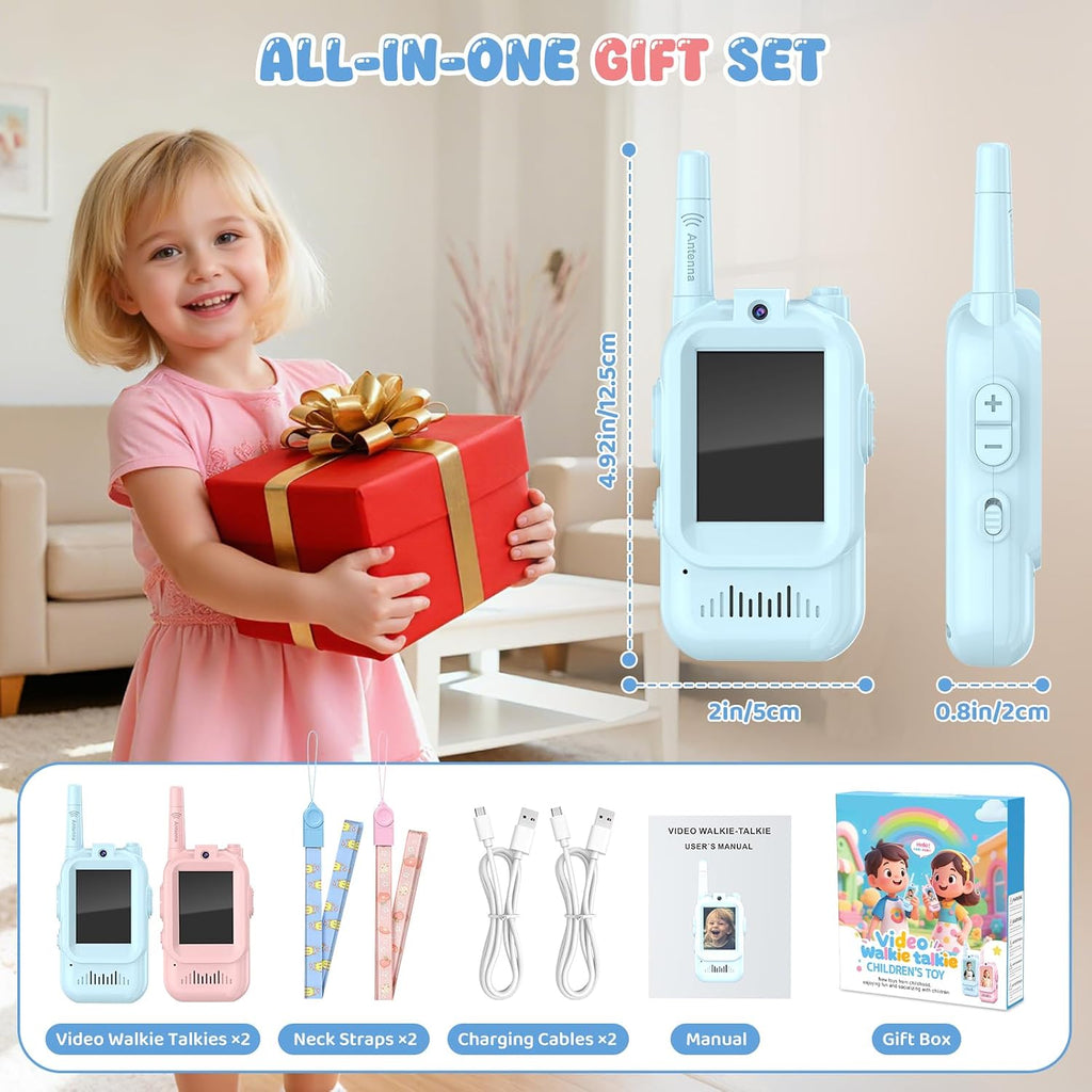 Walkie Talkies de video para niños, paquete de 2 recargables de largo