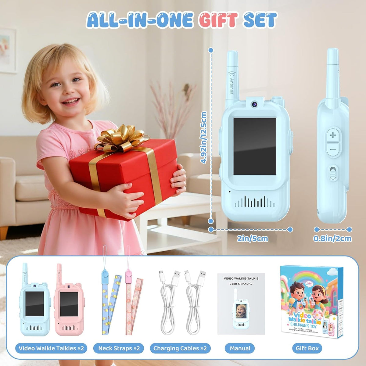 Walkie Talkies de video para niños, paquete de 2 recargables de largo
